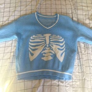 KMPVQ Women Knit Sweater blue Skeleton Print Long Sleeve V-Neck